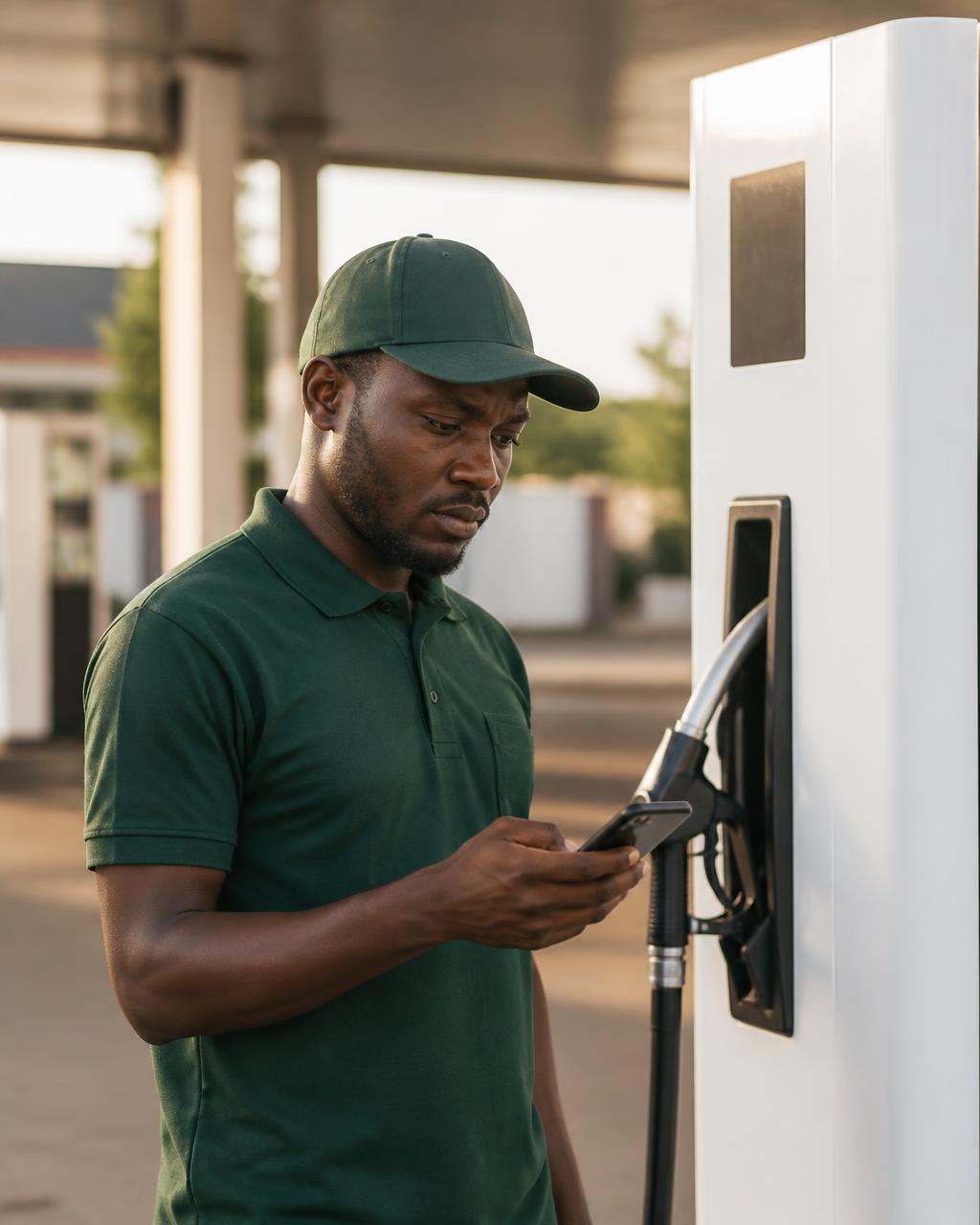 Station attendant recording a pump meter reading on his phone at a Nigerian filling station